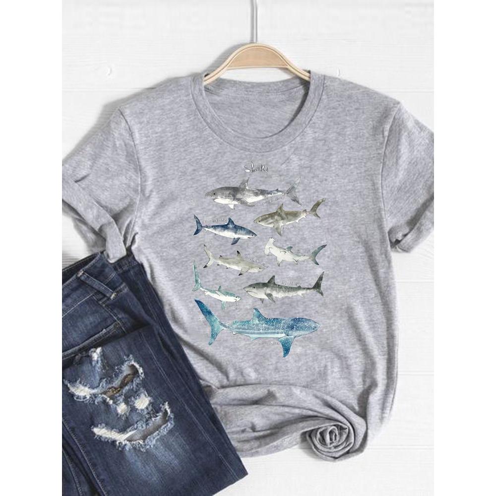 Print T Shirt Short Sleeve Flower Vintage Cute 90s Summer Top Fashion Clothes Women Clothing Gray Basic Tee Graphic T-shirt