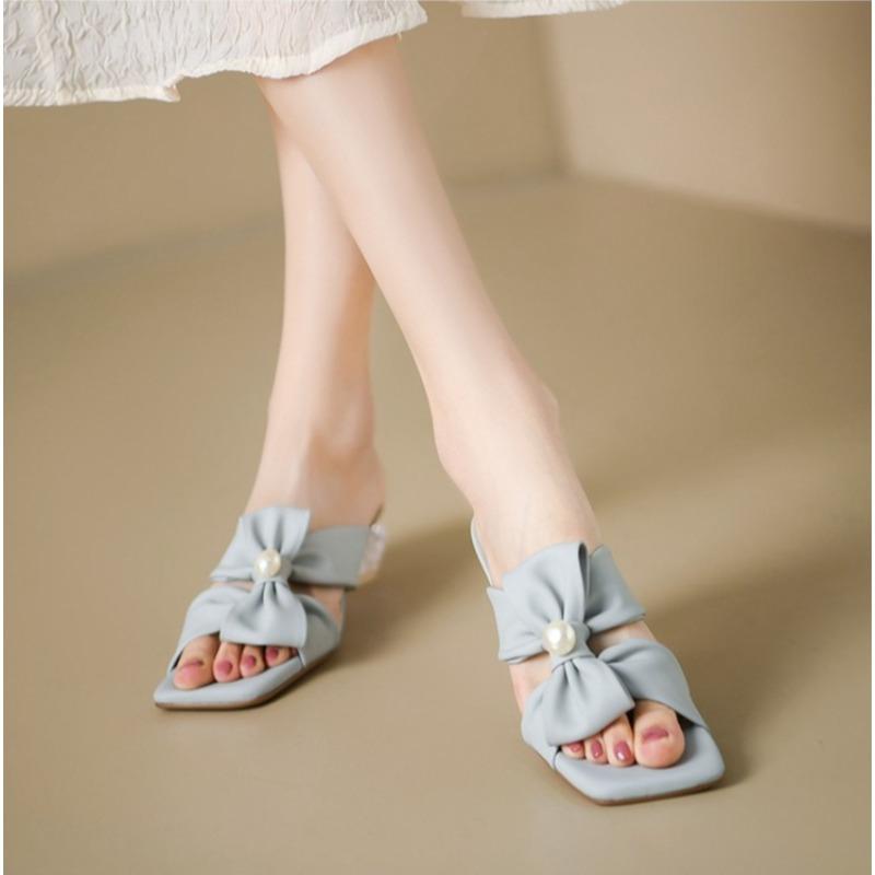 

Square Toe Women Slippers Bow Heeled Sandals Loafers Shoes Woman 2026 Fashion Summer Shallow Dress Comfort Soft Leather Slides 40 небо синє кольору