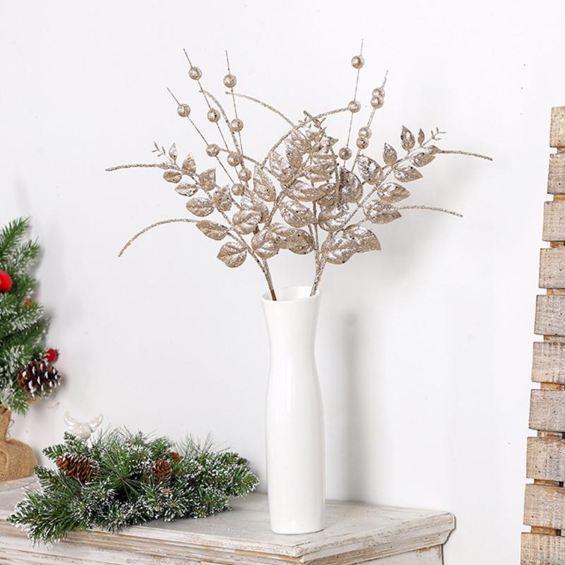 6Pcs Decorative Faux Leaves with Berries Gold Powder Coated Leaf and Berries Clusters for Creative Decoration