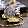 TREEWETO Mechanical Pocket Watch Antique Blue Dial Skeleton Roman Numerals Gold Double Hunter with Chain Lid