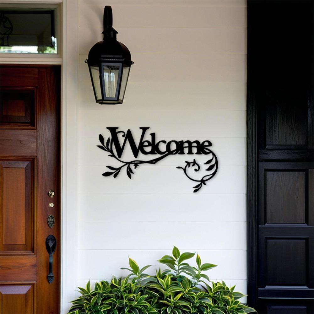 1pc Vintage Black Metal Welcome Sign Floral Script Sturdy Indoor Outdoor Front Door Porch Entryway Wall Decor Housewarming Gift