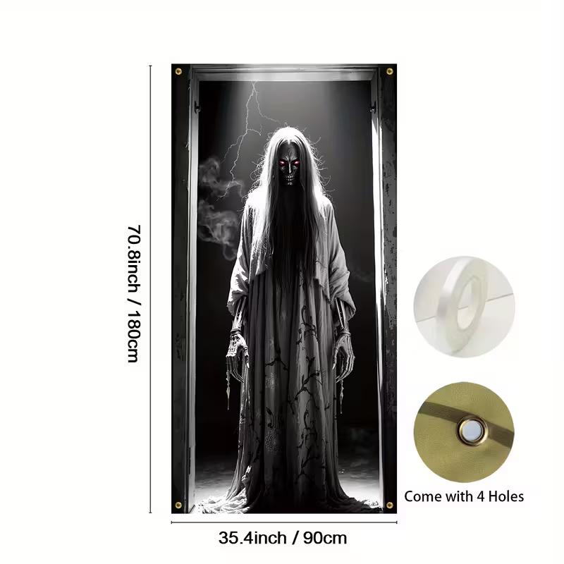 2D Creepy Halloween Ghost Door Banner, Spooky Skeleton Woman Backdrop