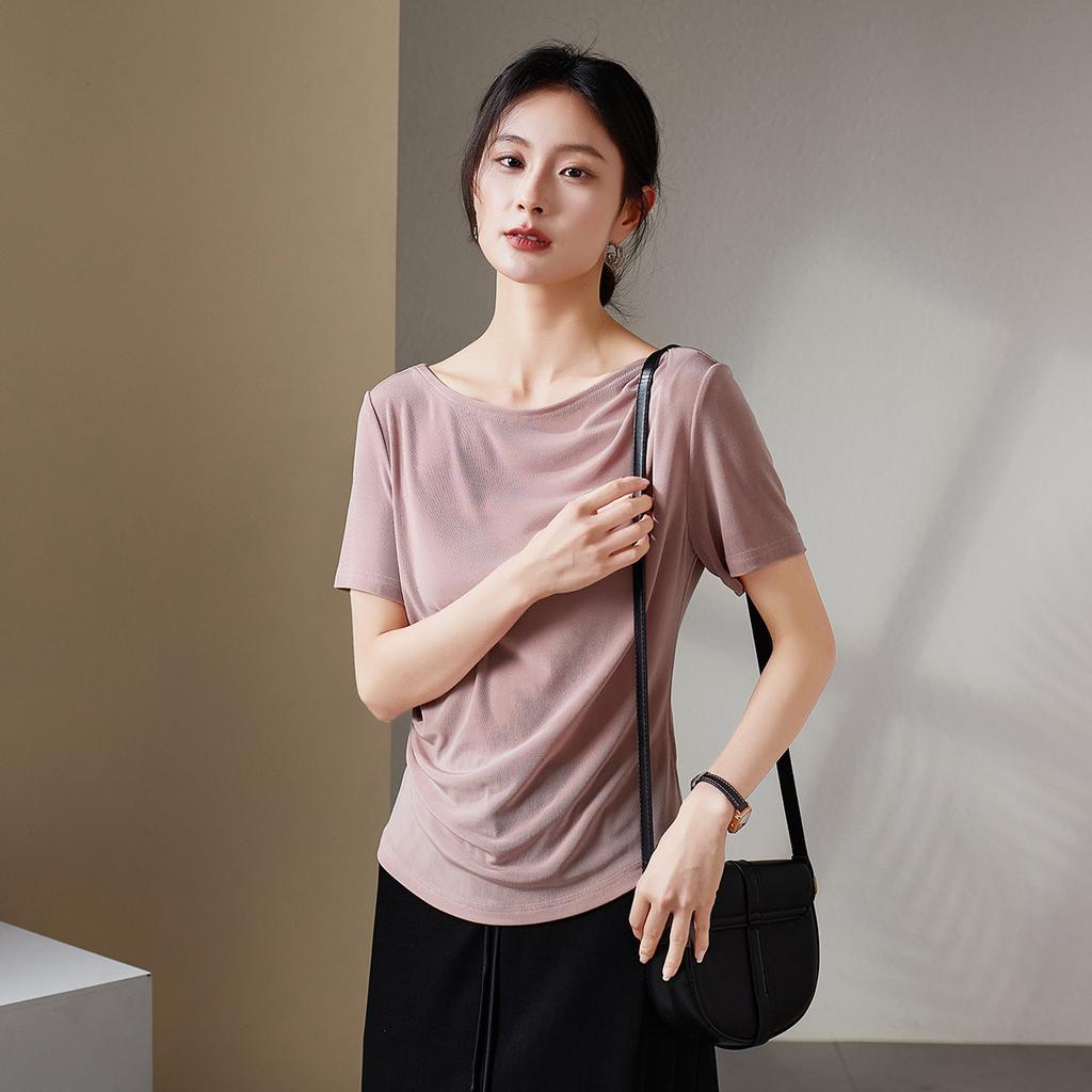 One collar vinegar fiber short sleeved T-shirt for women in 2026 summer, versatile and slimming, pleated waist cinching top