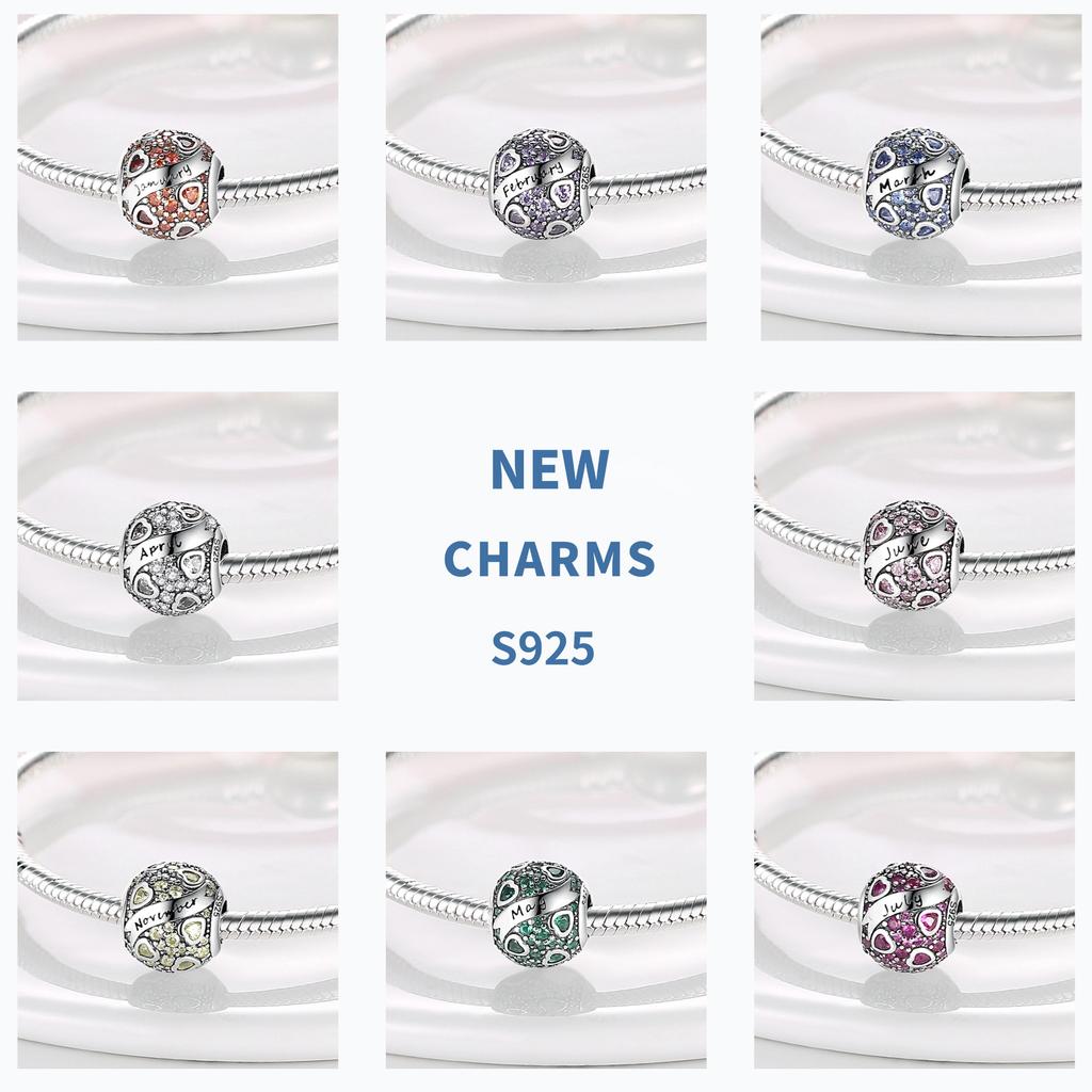 PAMELA 925 Silver Heart Birthstone Charm with Multi-color Zircon Flower Bead for Bracelet Best Gift