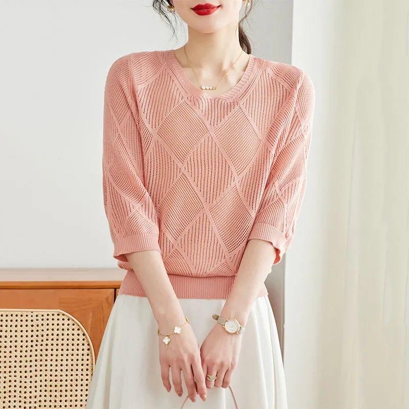 Women's Knitted T-shirt with Seven Sleeve Top Fashionable and Simple Thin Ice Silk Hollow Knitted Shirt