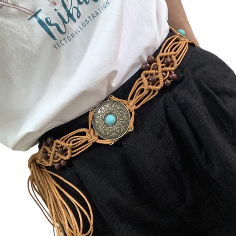 Women Shirt Waist Belt Vintage Bohemian Adjustable Braided Waist Belt with Tassels Women Dress Shirt Wide Waist Belt