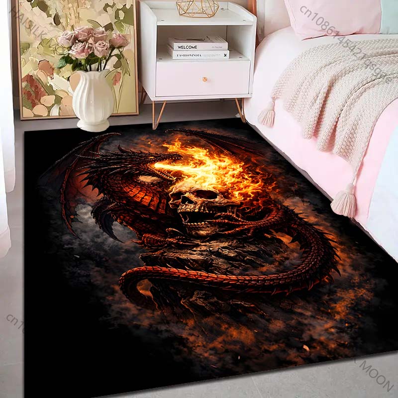Mehrere Größen Flammender Totenkopf und Drache Teppich für Wohnzimmer Schlafzimmer Sofa Heimdekoration Rus Rutschfeste Fußmatte Luxuriöses Geschenk
