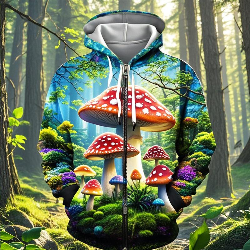 Sweat à capuche zippé impression 3D champignon Unisexe Mode décontractée Sweat à capuche Sweat-shirt de survêtement surdimensionné Vêtement