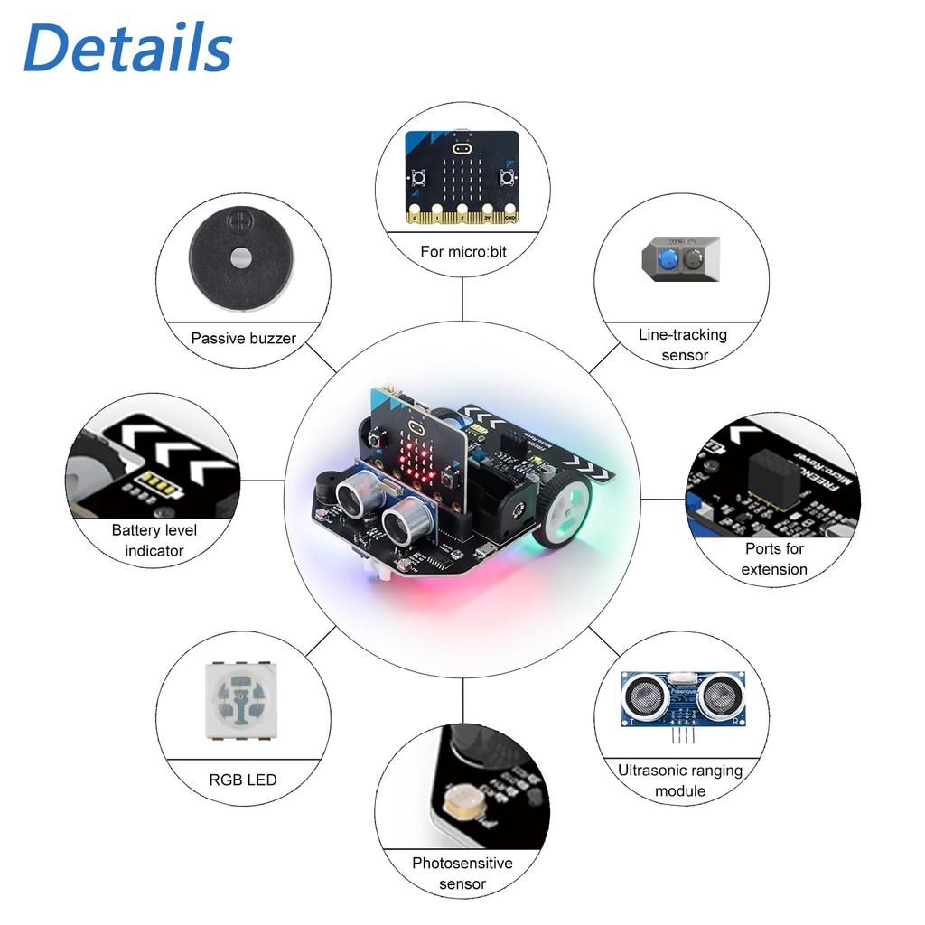 Freenove Kit for BBC Obstacle Light Line Remote Melody Colorful Sample Blocks and Python Code MicroRover Microbit (V2 Included), Avoidance,