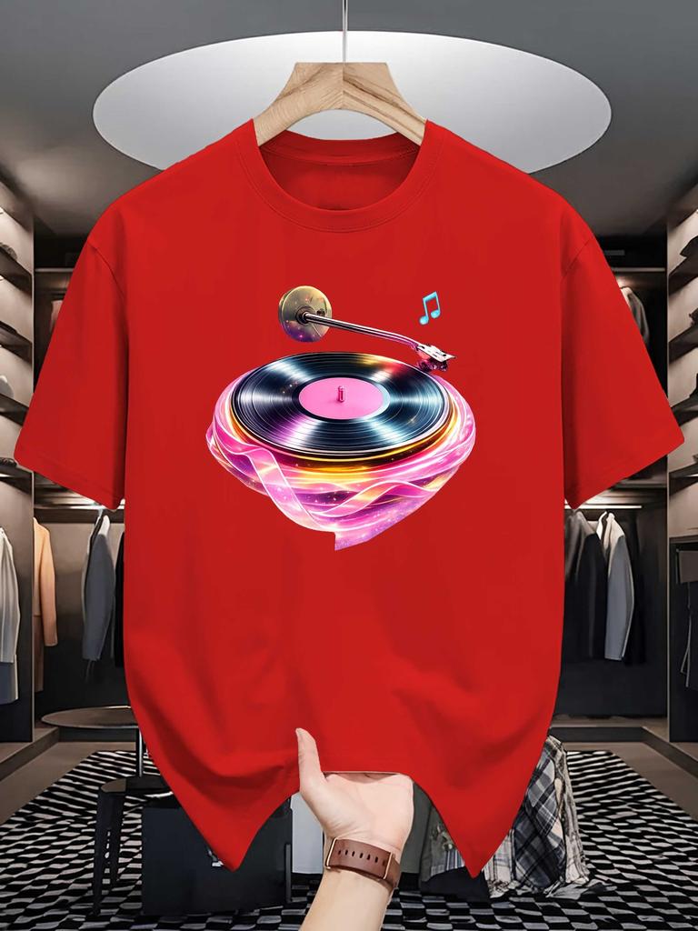 Heart Shaped Vinyl Turntable Unisexs Crew Neck T Shirt Neon DJ Record Player Music Note Graphic Short Sleeve Casual Street Tops