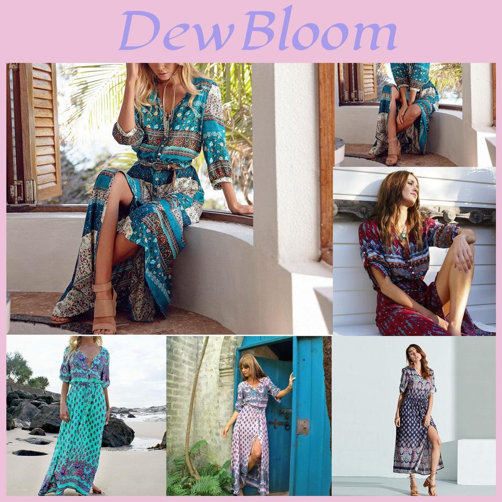Elegant Women Boho V Neck Long Maxi Dress With 3/4 Sleeve For Party And Evening Events