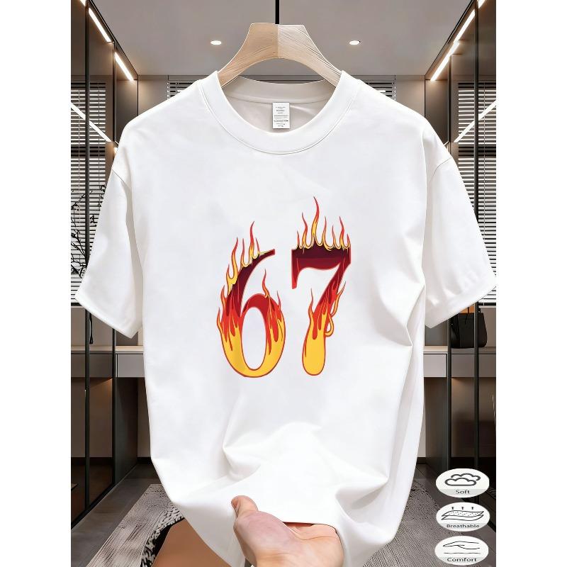 

Men s T-Shirt - Crewneck Short Sleeve with 67 Flame Print, Soft , Loose Fit, for Daily Wear, Streetwear Outfits, Machine Washable S белый