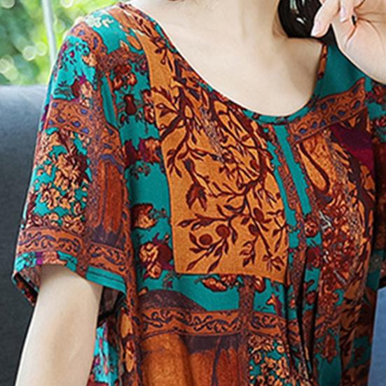 Mother Dress O Neck Colorful Short Sleeve Plus Size Flower Print Big Pockets Summer Dress Daily Clothes