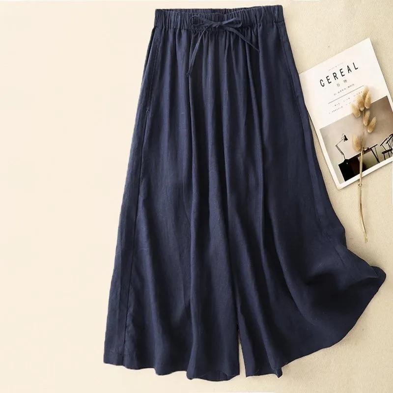 Damskie spodnie cropped z mieszanki lnu, szerokie nogawki, elastyczny pas ze sznurkiem, casualowe letnie spodnie
