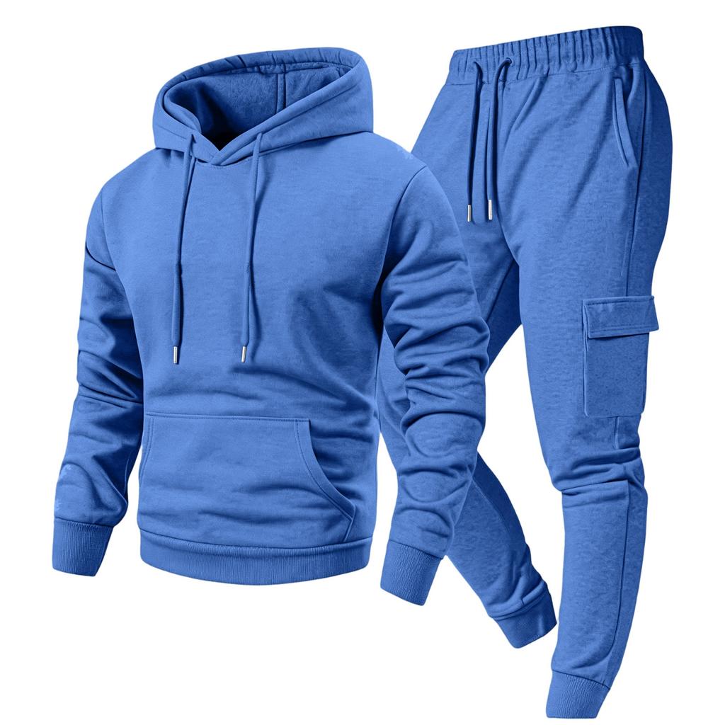 Men's Casual Outdoor Sports Two-Piece Set - Color Sweatshirt and Elastic Waist Cargo Jogger Pants