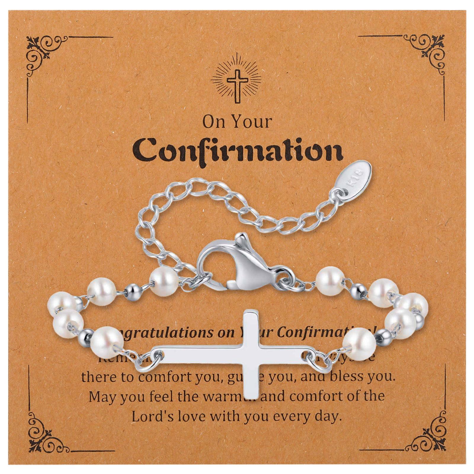 

18K Gold Plated Pearl Cross Children Bracelet, Adjustable Stainless Steel First Communion Baptism Gift for Girls Boys