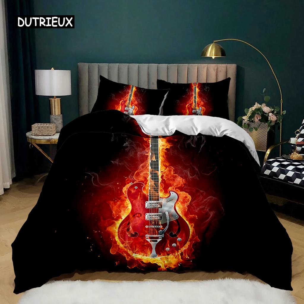 Guitar Duvet Cover Set Electric Guitar In Burning Musical Creativity Concept Music Double Queen King Size Polyester Qulit Cover