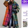 2025 Dragon & Phoenix Plaid Wool Coat: Women's Color Block Long Sleeve Jacket with Turn-down Collar for Fall.
