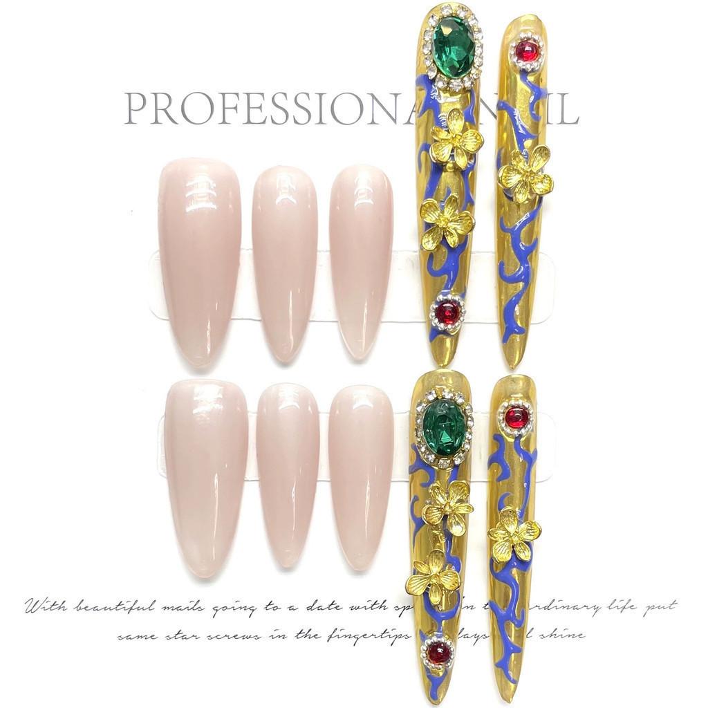 100% HANDMADE  Long Almond Shape GPalace Style Luxury High-End Fake Nail Set With Glue & Box Ruby And Emerald Gold Press On Nails