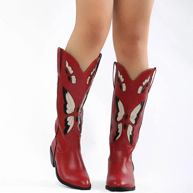 Fashion 2025 Brand New Big size 43 Red Butterfly Cowboy Boots for Women Black Vintage Slip On Cowgirls Knee High Boots Shoes
