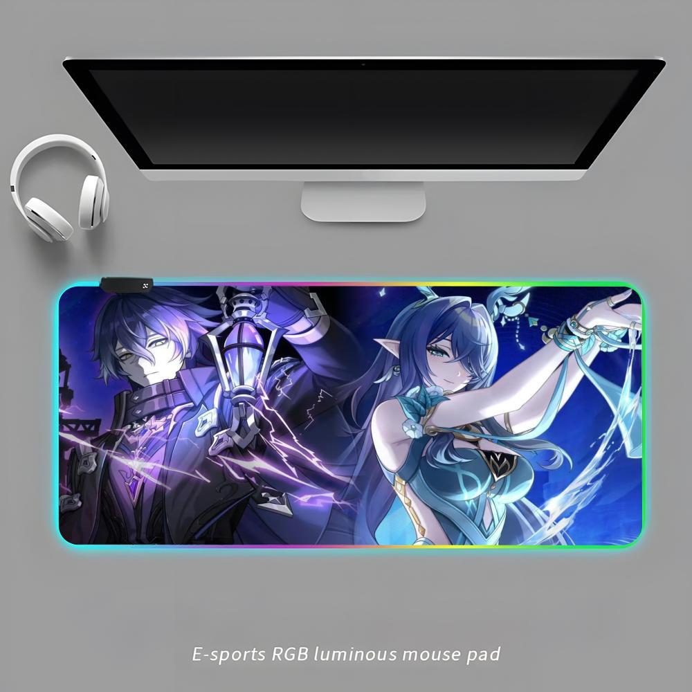Flins Genshin Impac Mouse Pad RGB Gaming Mouse Pad Desk Mat HD Gamer Large LED Light XXL MousePads RGB600x300x3mm