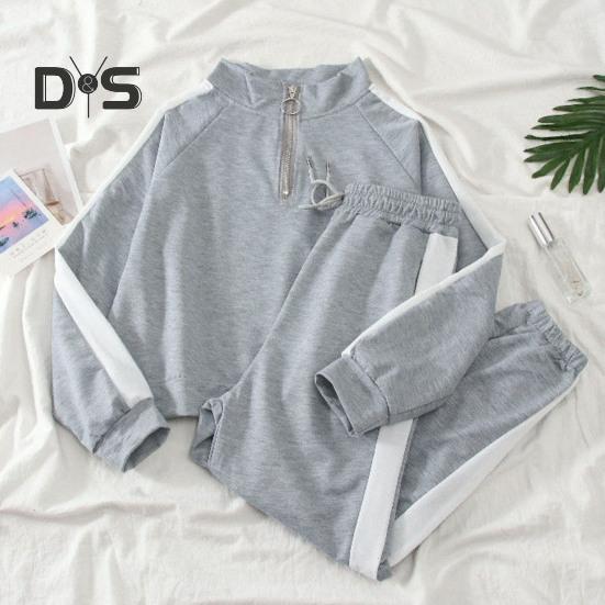 2 stk/sett Sweatshirt Bukser Sett Stativ Krage Glidelås Løs Myk Elastisk midje Ankelbånd Brede benlommer Fargematchende kvinner Høst Vår Joggedress