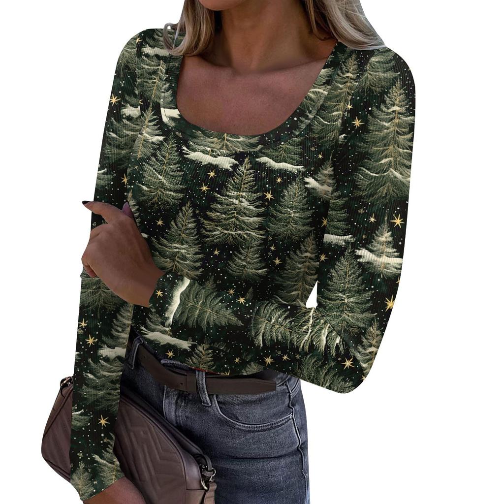 Women's Fashion Slim Bottom T-Shirt Christmas Printed U Neck Pullover Long Sleeve Top