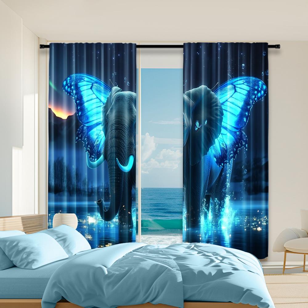 

2 pcs versatile polyester transparent curtains for home decoration Elephant in Water for use in bedrooms and living rooms 100*130 Grommet Top 1pcs