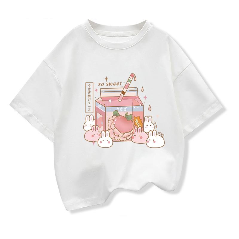 Girls Loose Strawberry Milk Shake Casual T-shirt Kids Short-Sleeve Cartoon Graphic Pink Summer Kids Clothing Tops Tee