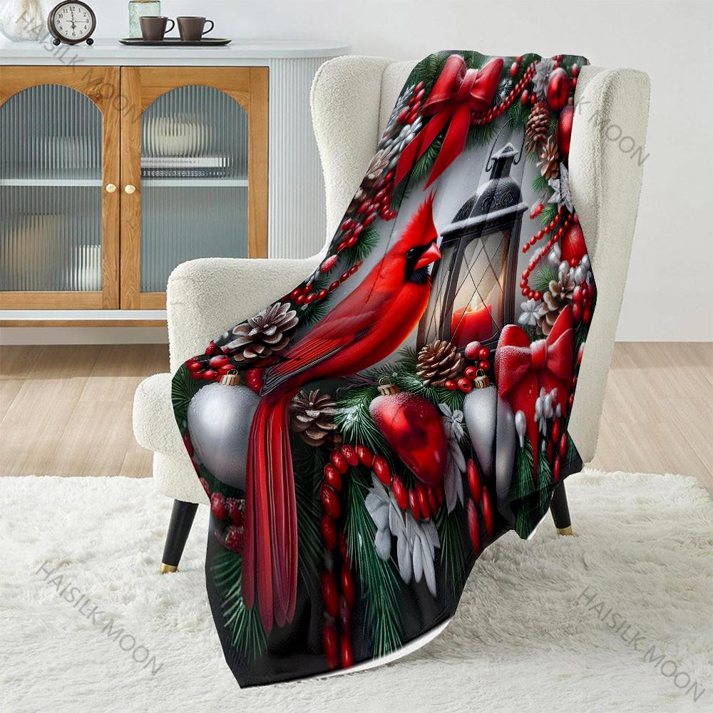 Festive Cardinal with Holiday Wreath Pattern Blanket Flannel Material Soft Warm for All Seasons Home Outdoor Camping Picnics RV