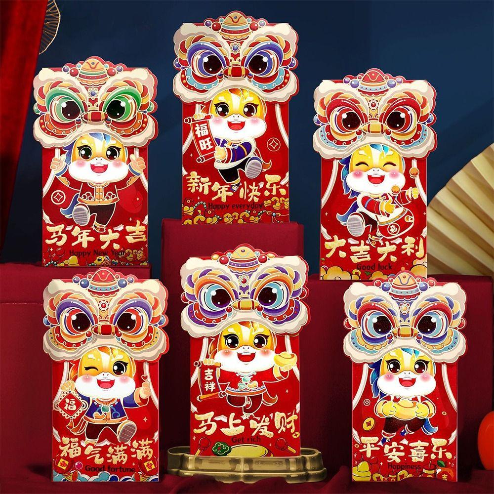 6pcs Thickened Lucky Money Bag Mixed Pattern Red Packet Cartoon Red Envelope Spring Festival