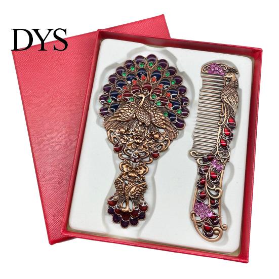 Vintage Peacock Hair Comb Mirror Set, Embossed & Handheld Rhinestone Makeup Mirror, Hand with for Women Retro Carved