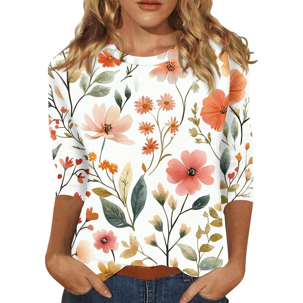 Women's Fashion Casual Round Neck Printed 3/4 T-shirt Top