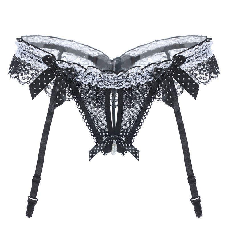 Seductive Women's Lace Pearl Thong with Open Crotch & Garter Belt