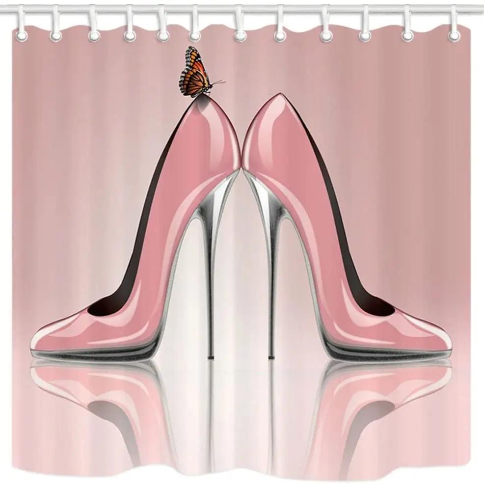 

Lady Decor Shower Curtain Fashion Pink High-Heeled Shoes and Butterfly Polyester Fabric Bath Curtains Set with Hooks W90XH180cm