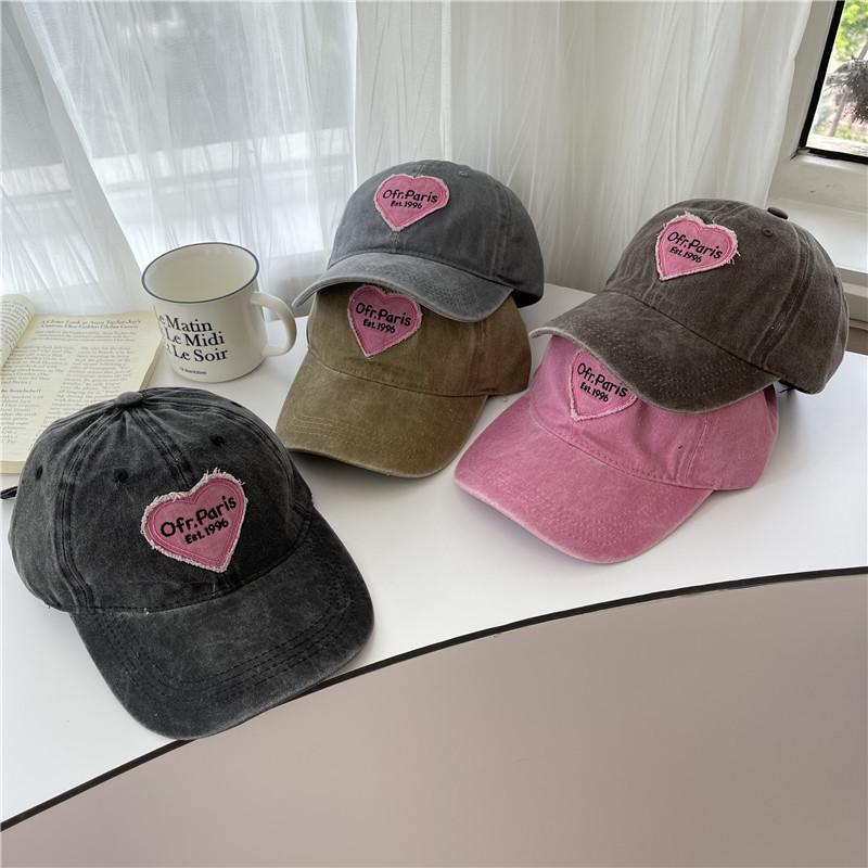 Spring and Summer Sweet and Cool Heart-shaped Pink Embroidered Baseball Cap Versatile Retro Washed Soft Top Duckbill Cap