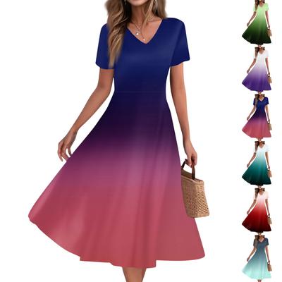 Women's Summer Casual Fashion Print Pocket Short Sleeve V-Neck Swing Dress