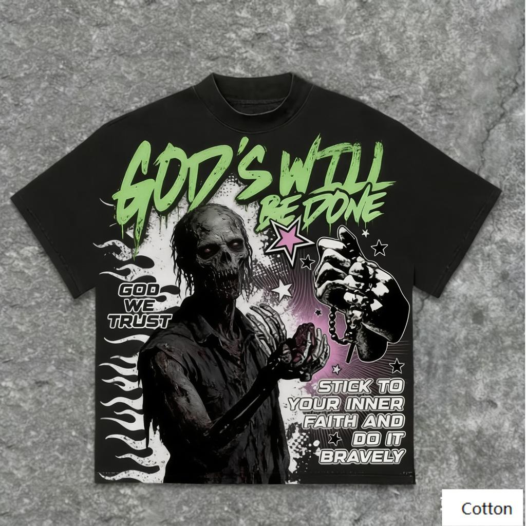 GOD WE TRUST Apocalyptic Dark Art Unisex Cotton TShirt with Retro Gods Will Print Retro Streetwear Tee