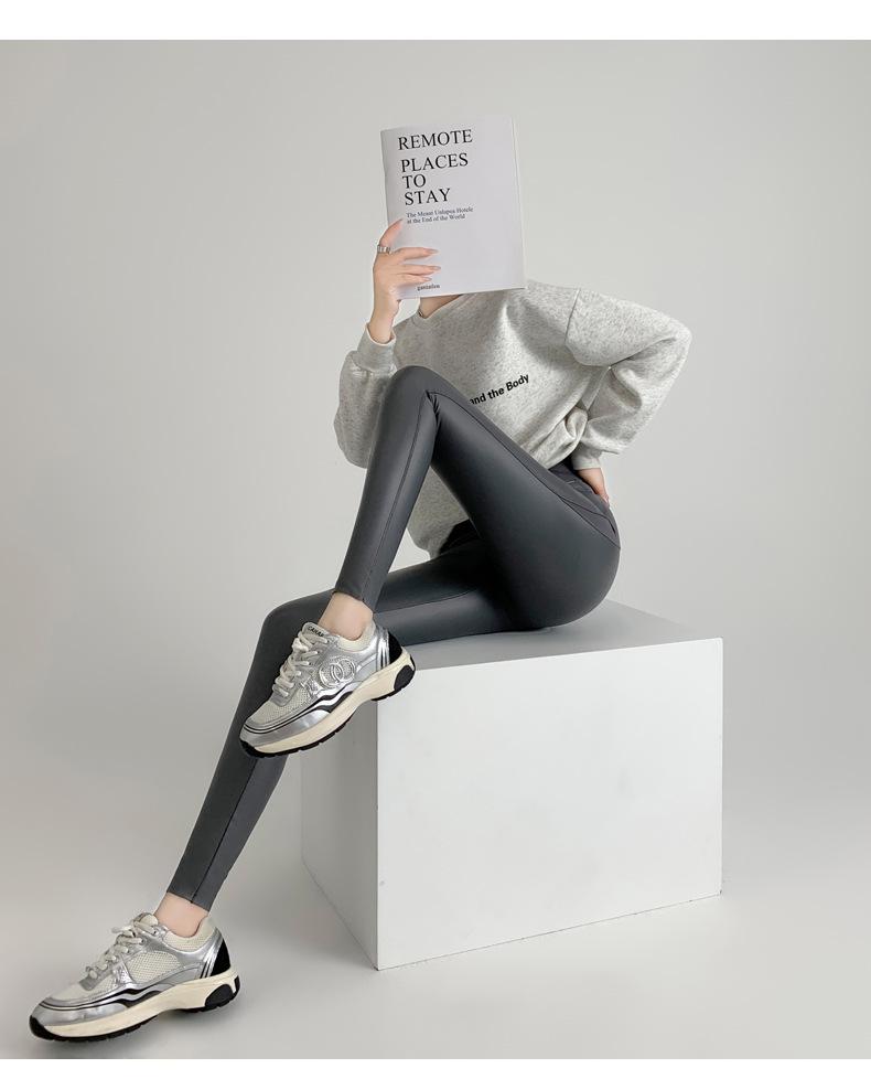 Women's High Waist Skinny Leather Pants with Velvet - Autumn/Winter Slimming Bottoming Barbie Style