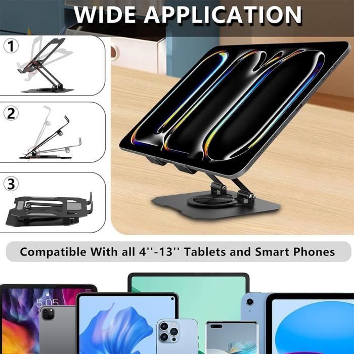 Support de Tablette Pliable, Support Rotatif 360° pour iPad-Samsung Tab-Redmi Pad, Anti-Dérapant Réglable Métal Noir