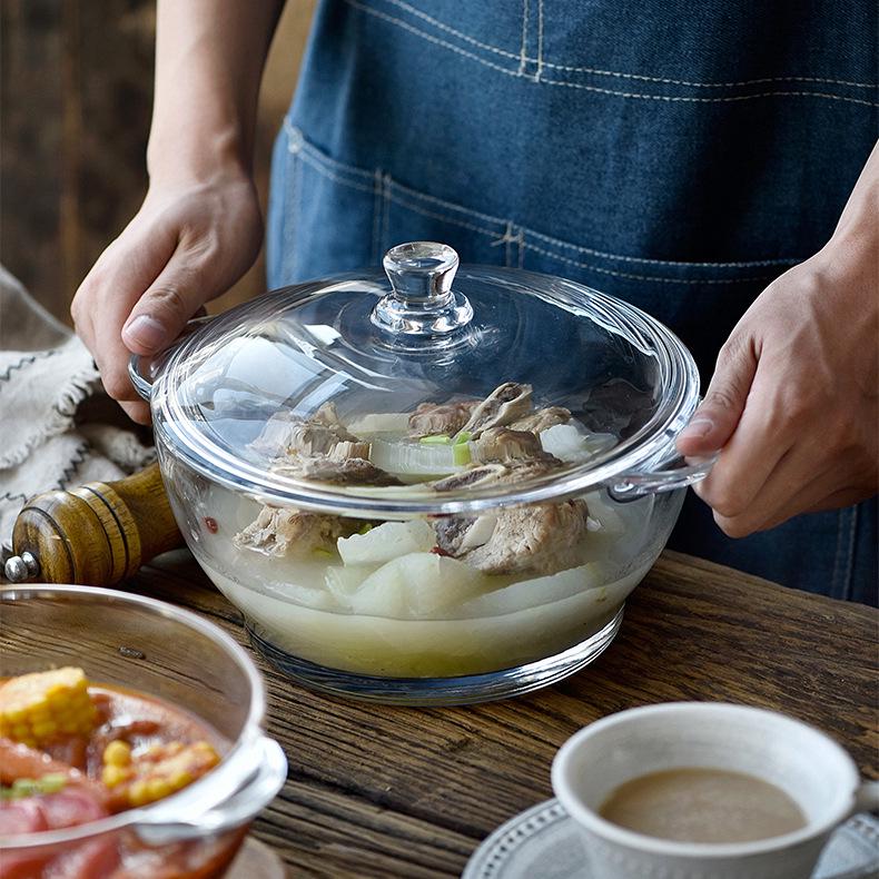 Heat-Resistant Crystal Cookware Set: 2.5L Tempered Glass Pot with Handles, 1.5L Soup Bowl, 1L Pot, Each with Lids, Three Upgraded Sizes.