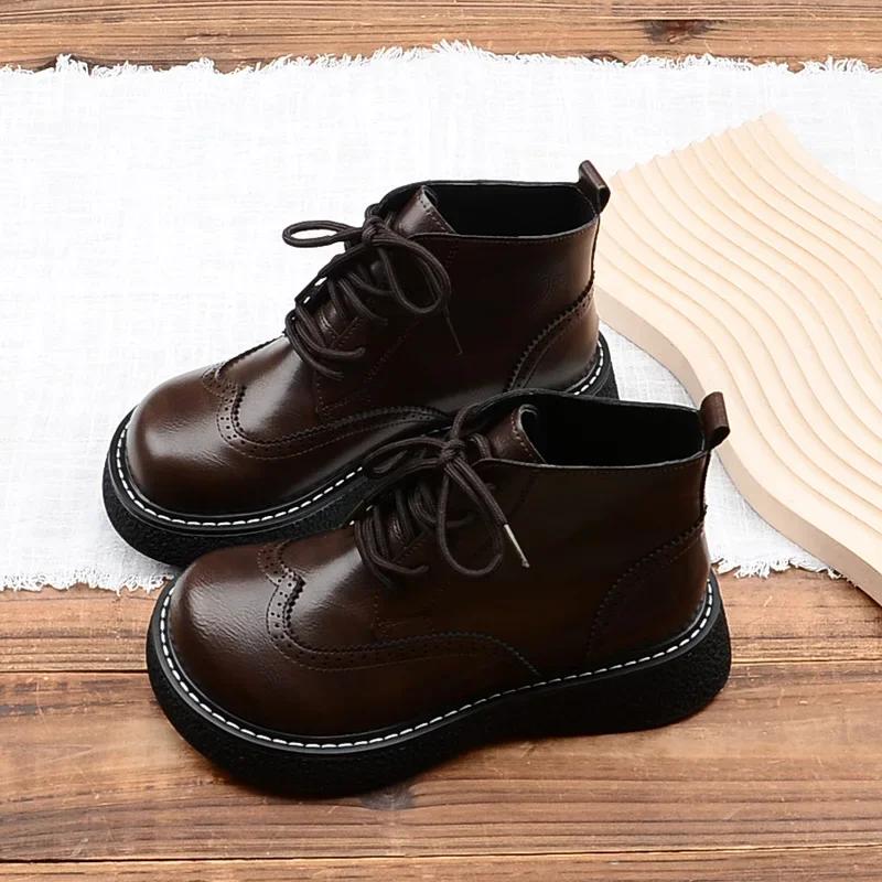 Fashion Mori Literary Retro Big Head Shoes Carved Detail British Style Women Boots Thick Sole Lace-up Ankle Boots Handmade Warm Shoes
