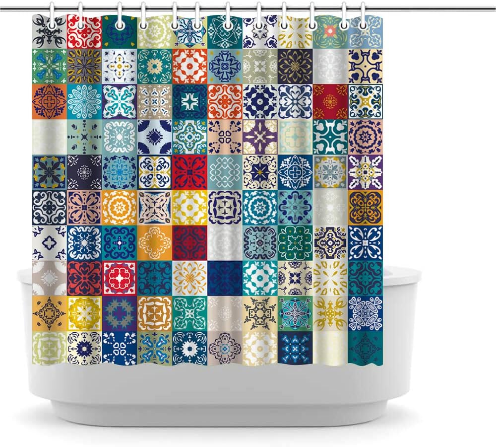 Boho Patchwork Shower Curtain - 72x72Inch Fabric Bohemian Patchwork Colorful Flower Vintage Moroccan Shower Curtain Set with Hoo