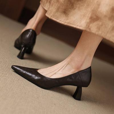 Four Seasons Women's Pointed Single Shoes, Overalls, Beef Tendons, Soft Soles, Low-top Shoes, New Leather Stiletto High Heels, Sheepskin Women's Shoes
