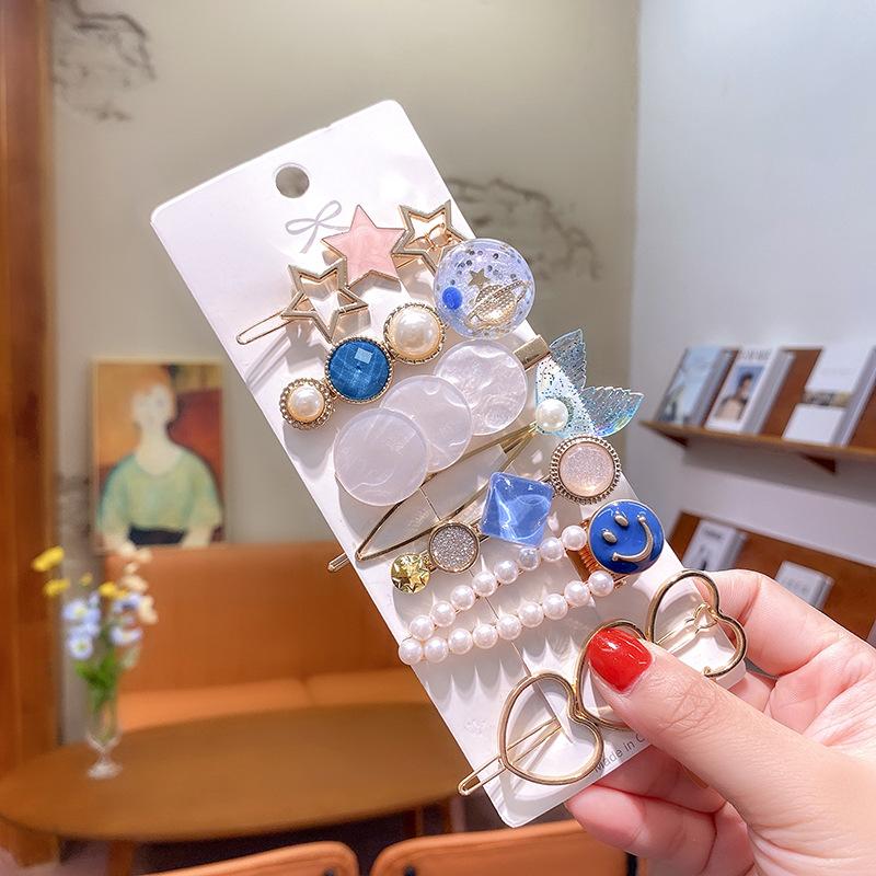 Simple Bangs Sea Clip A Word Clip Net Red Temperament Pearl Crystal Back Head Spoon Top Clip Side Clip Combination Set