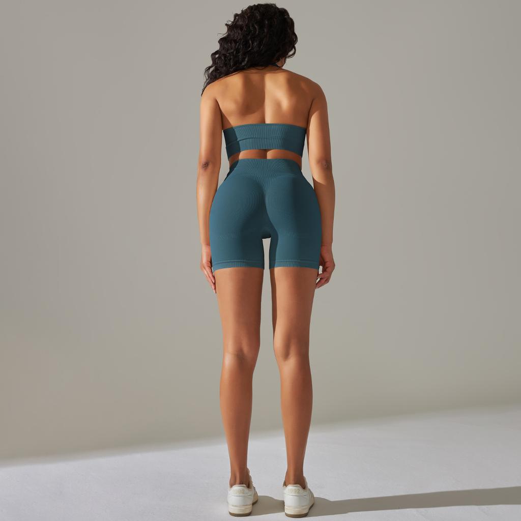 Seamless Knitted Back High Elasticity Sports Bra Yoga Set Running Fitness Shorts Two Piece Set For Women
