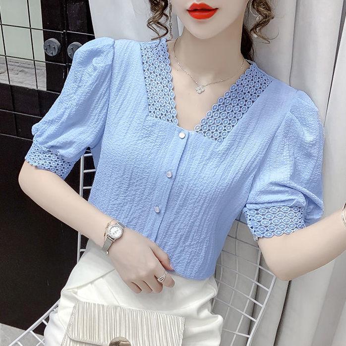 

2024 Women s French Sweet V-neck Short Sleeve Summer Top - Casual and Versatile. M