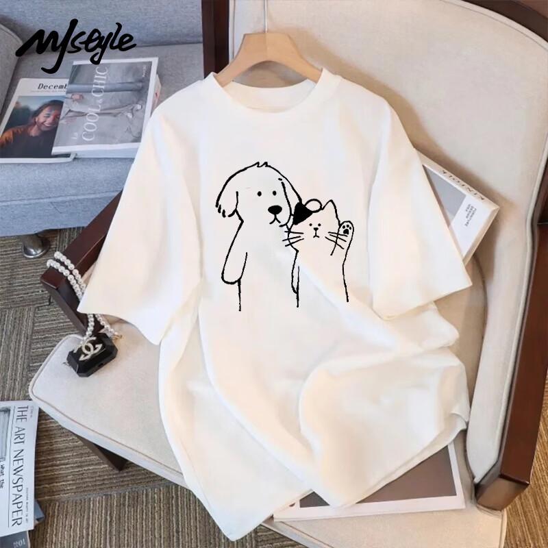 MJ STYLE Women s Cat & Dog Print Cotton T-Shirt 3XL