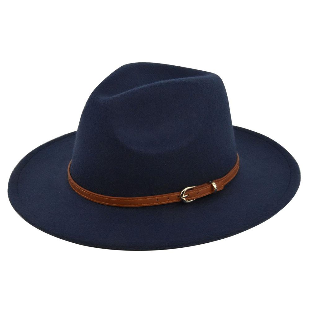 Retro jazz hat, dark khaki belt, woolen hat, cowboy ancient black woolen hat, flat brim hat