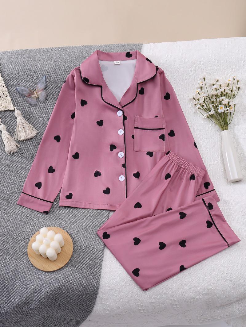 European & American Long Sleeve Heart Print Girls  Pajamas - Children s Homewear Set 90